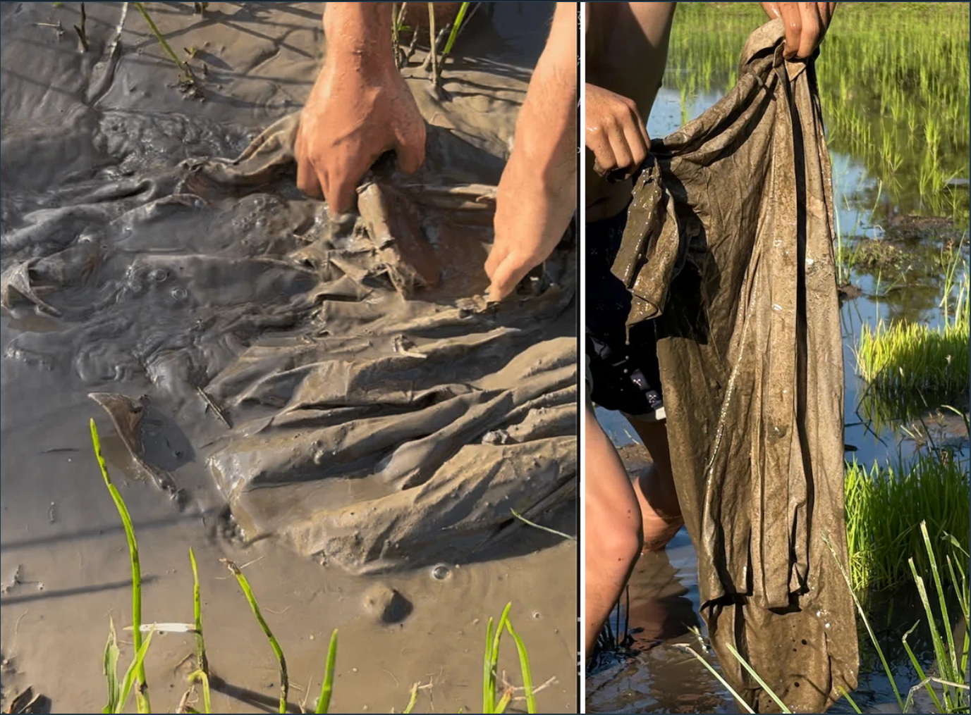 泥に布を浸す様子